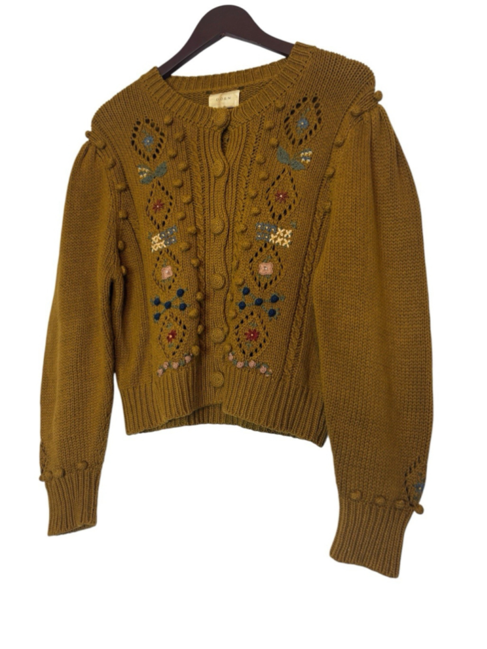 RARE DÔEN Forget Me Not Embroidered Floral Bobble Knit Cardigan Sweater Tan XL - Picture 7 of 14